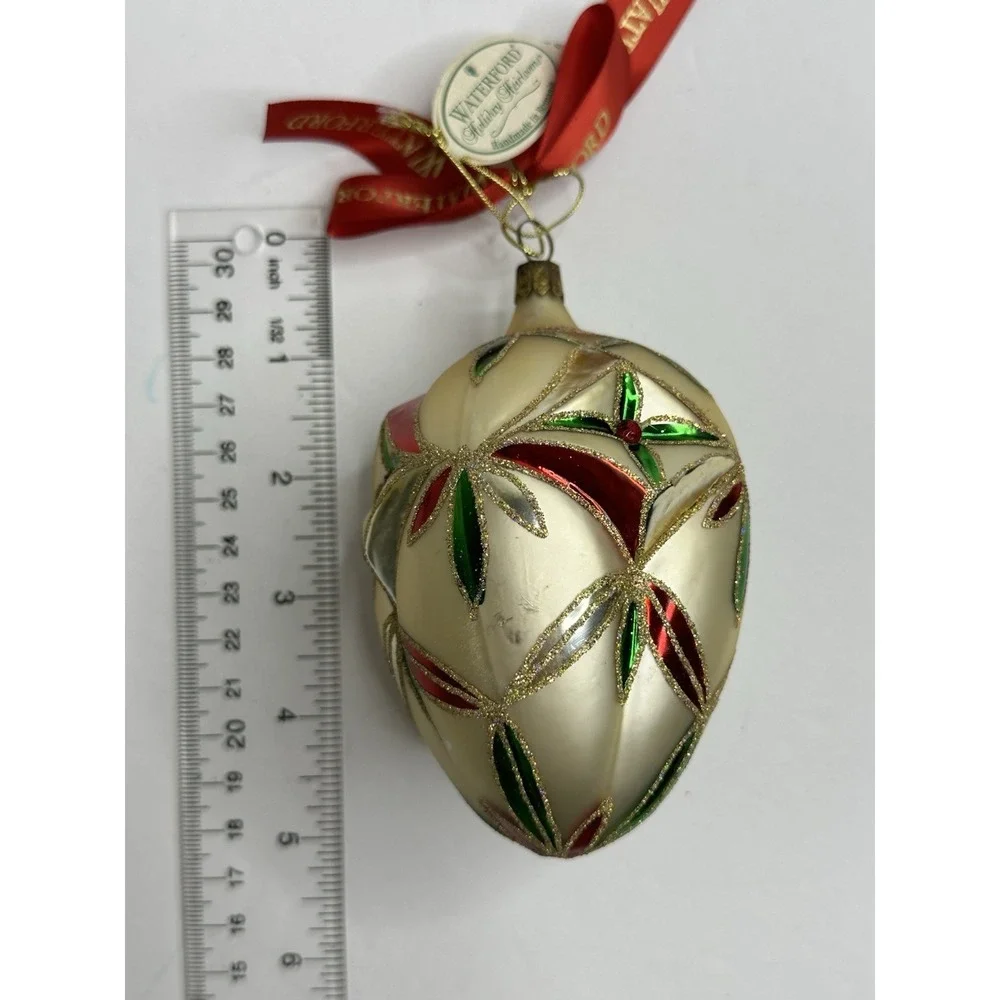 Waterford Renaissance Starburst Egg Glass Christmas‎ Ornament Red Gold Glitter